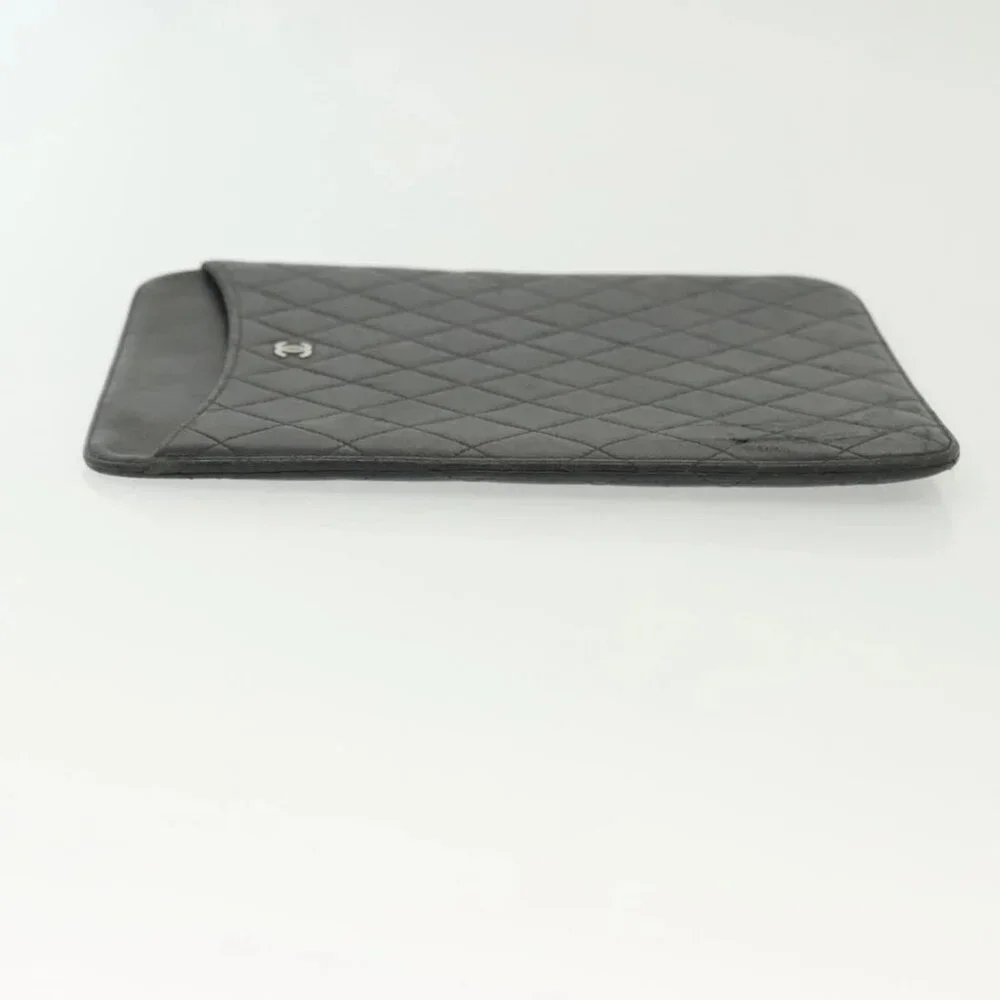 CHANEL Matelasse iPad Case Lamb Skin Black Silver CC Auth 141696